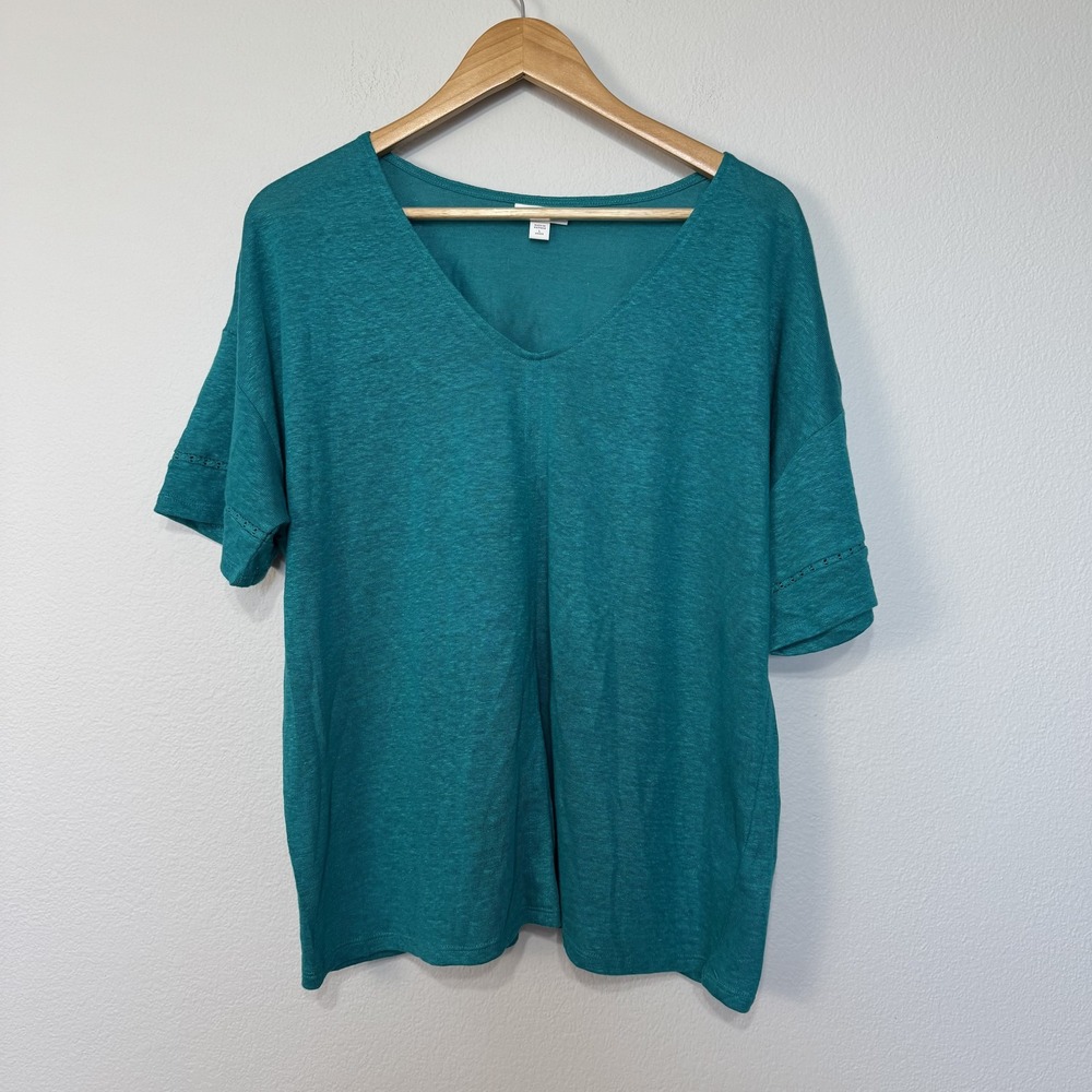 J Jill Love Linen Shirt Womens Large Petite V Neck Short Sleeve‎ Lightweight Top